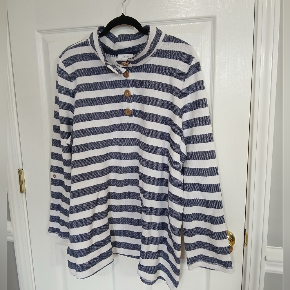 Striped Navy and White Quarter Button-Up Pullover Top Casual Coastal Preppy